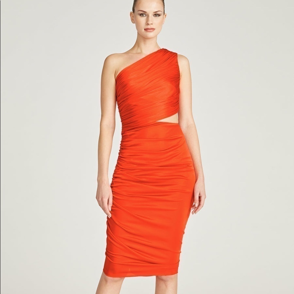 Halston Cassidy Jersey Ruched Cocktail Dress Orange One Shoulder Cut Out Size 6